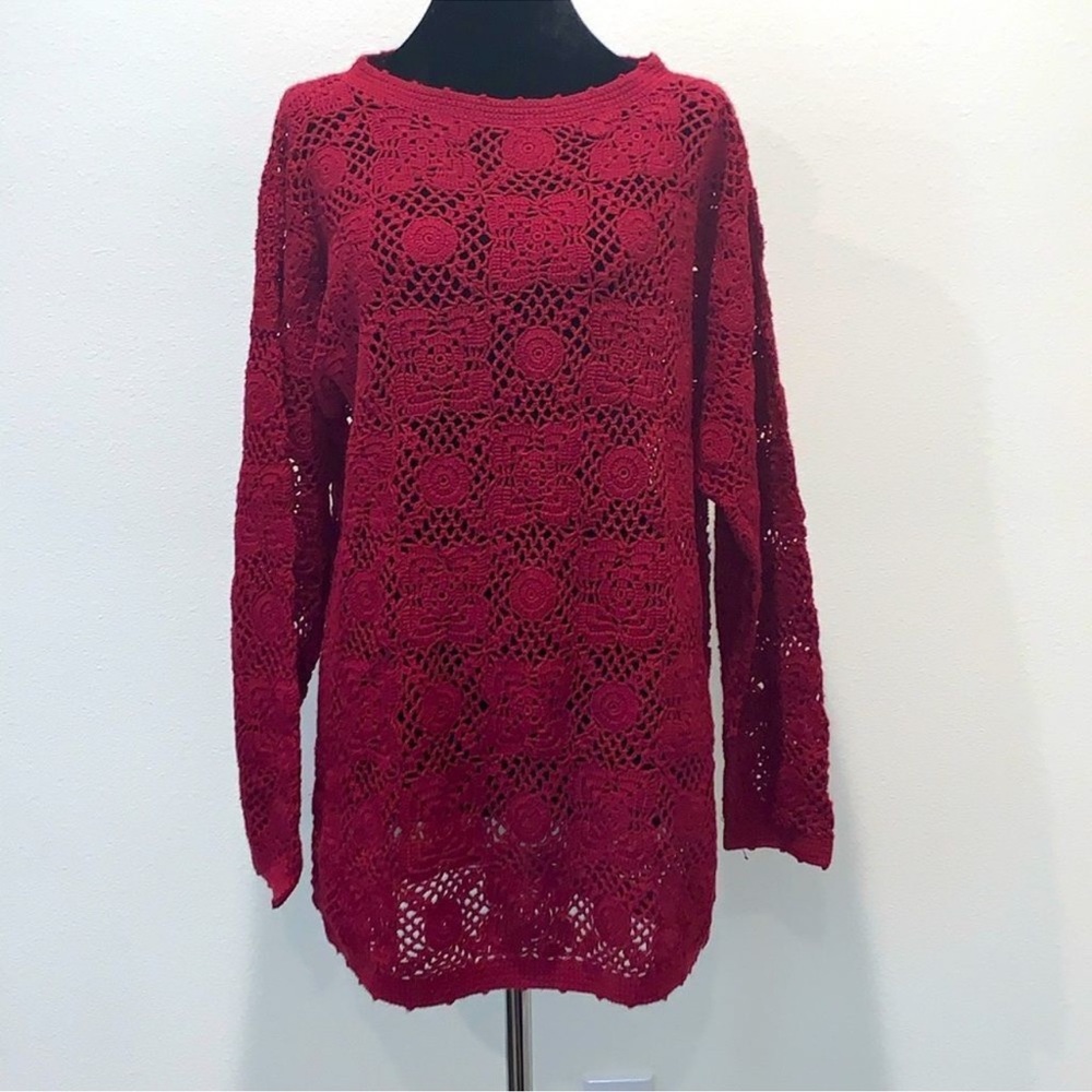 Vintage Y2K 90s Bohemian Burgundy Wine Crochet Tunic Sweater - Picture 7 of 14